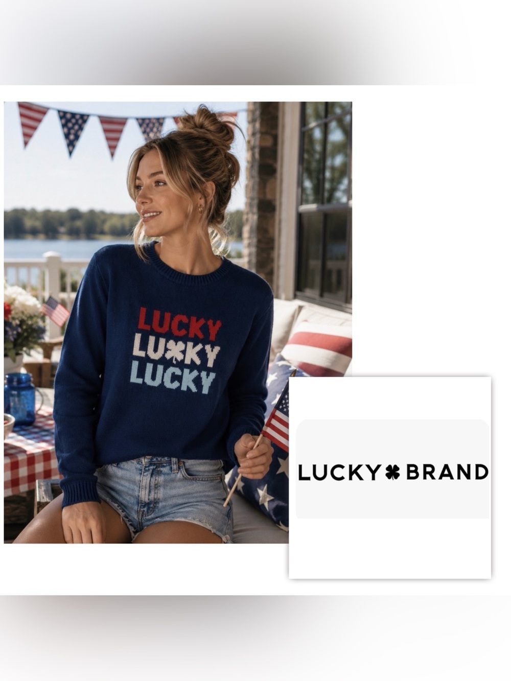 NWT $100 Lucky Brand Women L Navy 'Lucky' Graphic Crewneck Knit Sweater Top